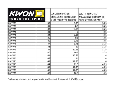 Canvas Shoes size chart